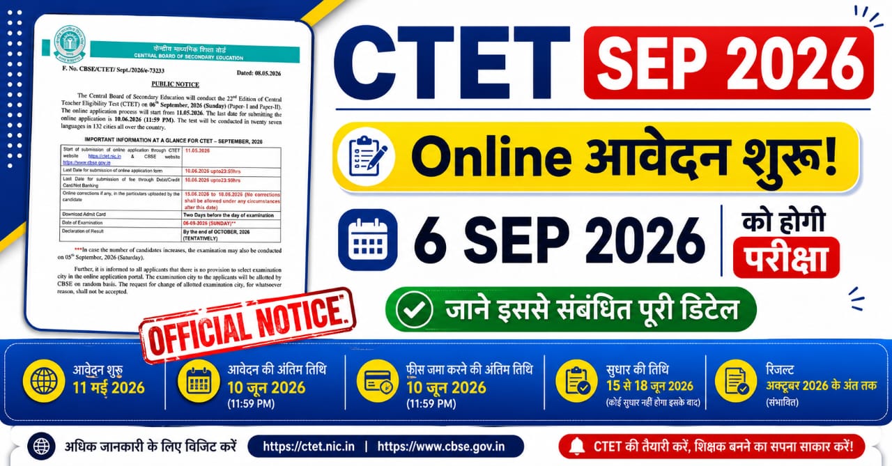 CTET SEP 2026 Form: सीबीएसई ने जारी किया सीटीईटी 2026 का नोटिस, परीक्षा 6 सितम्बर को आयोजित होगी